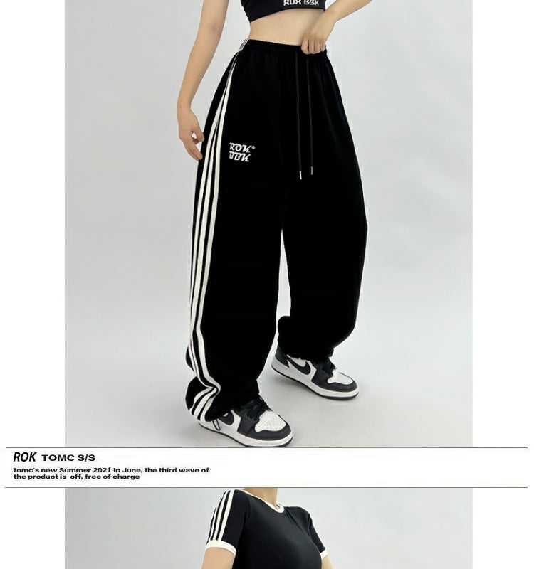 ROKBBK-K/Rokbbk-K Street DancehiphopThree-Stripe Track Pants Jazz DancejazzWomen's Black and White Pants