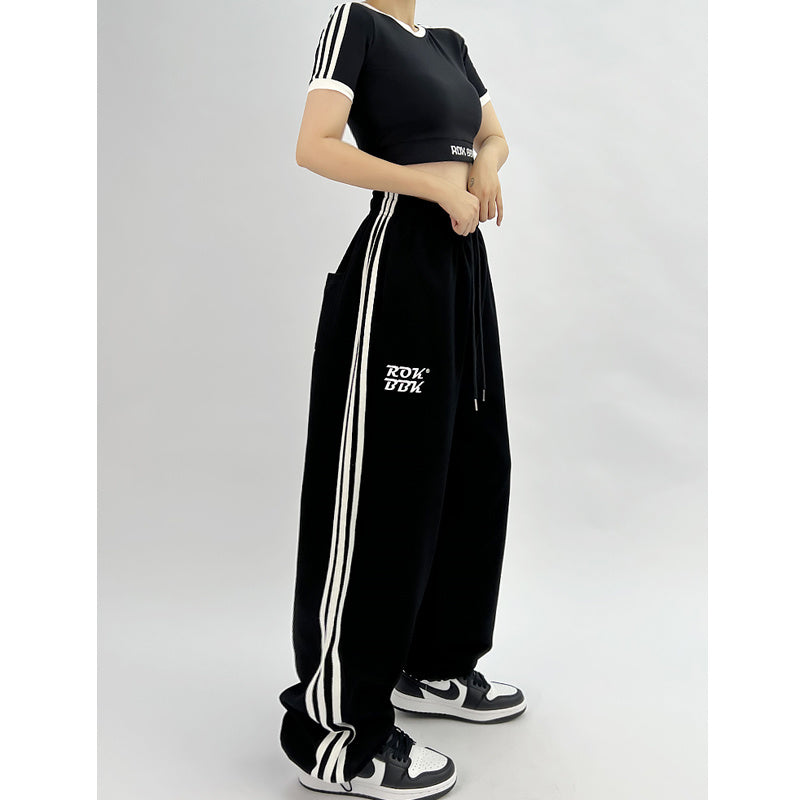 ROKBBK-K/Rokbbk-K Street DancehiphopThree-Stripe Track Pants Jazz DancejazzWomen's Black and White Pants