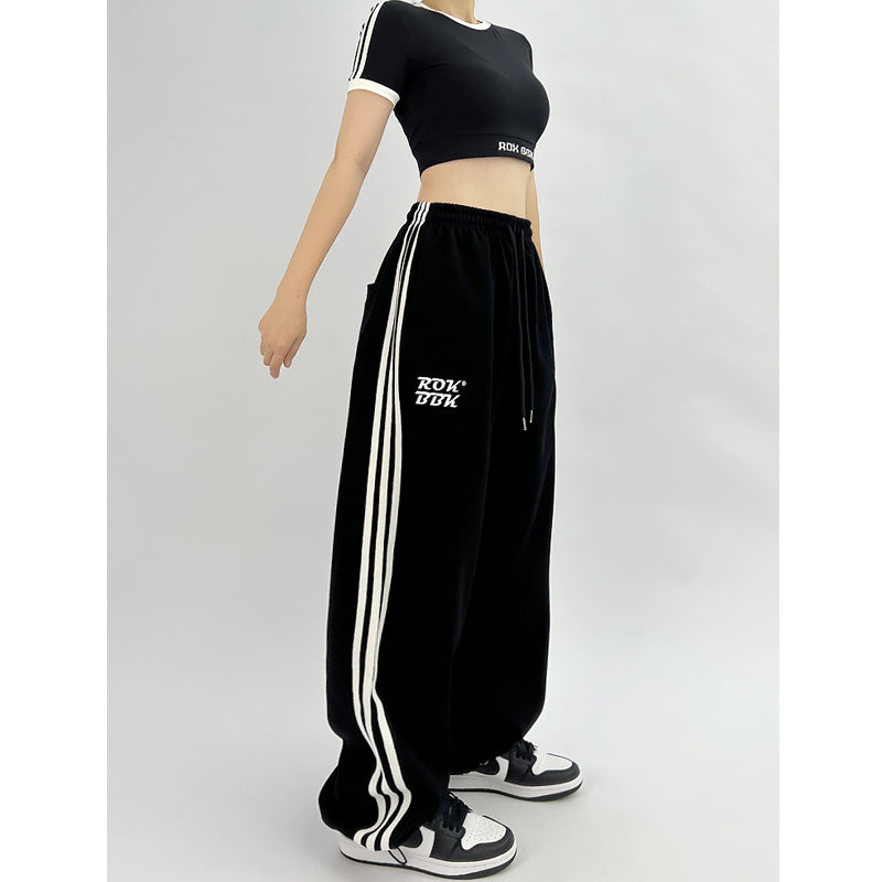 ROKBBK-K/Rokbbk-K Street DancehiphopThree-Stripe Track Pants Jazz DancejazzWomen's Black and White Pants