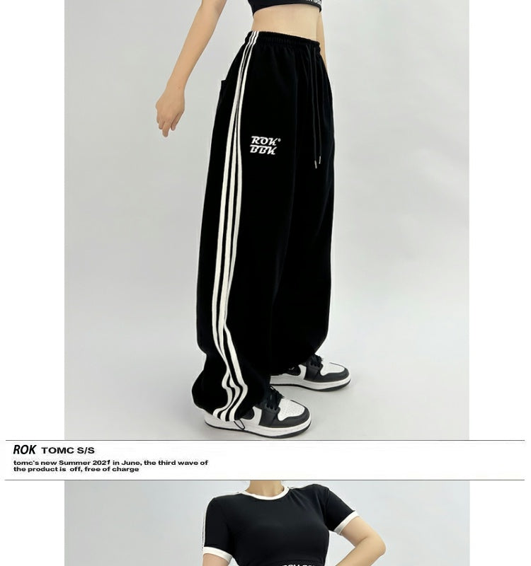 ROKBBK-K/Rokbbk-K Street DancehiphopThree-Stripe Track Pants Jazz DancejazzWomen's Black and White Pants